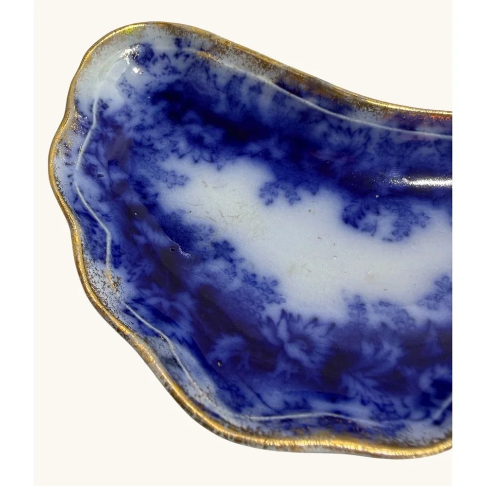Antique Flow Blue Bone Dish W&E Corn Garland Porcelaine Royale Gold Trim 1890s - Picture 7 of 9